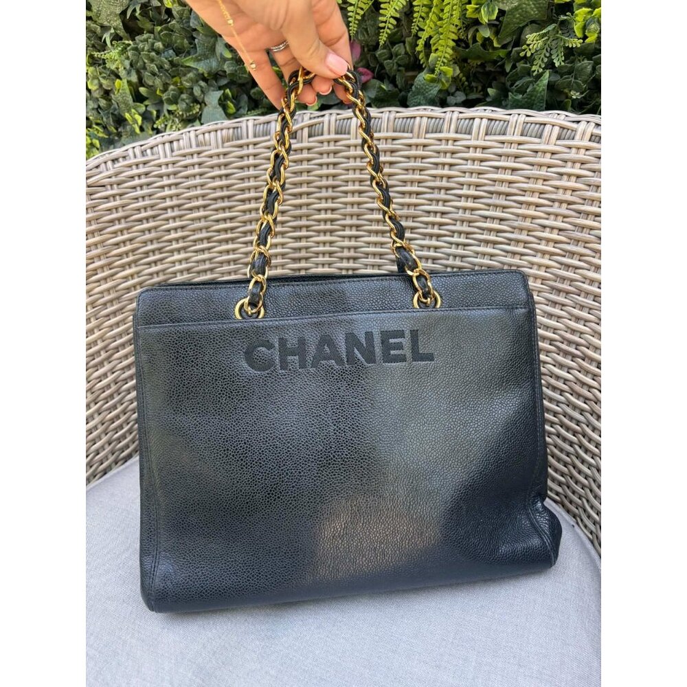 CHANEL Black Leather Top-Handle Chain Tote